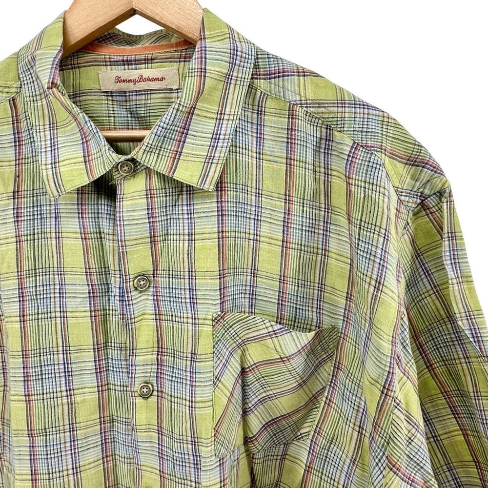 Tommy Bahama Mens Short Sleeve Button Down Shirt Lime Green Plaid Textured XL